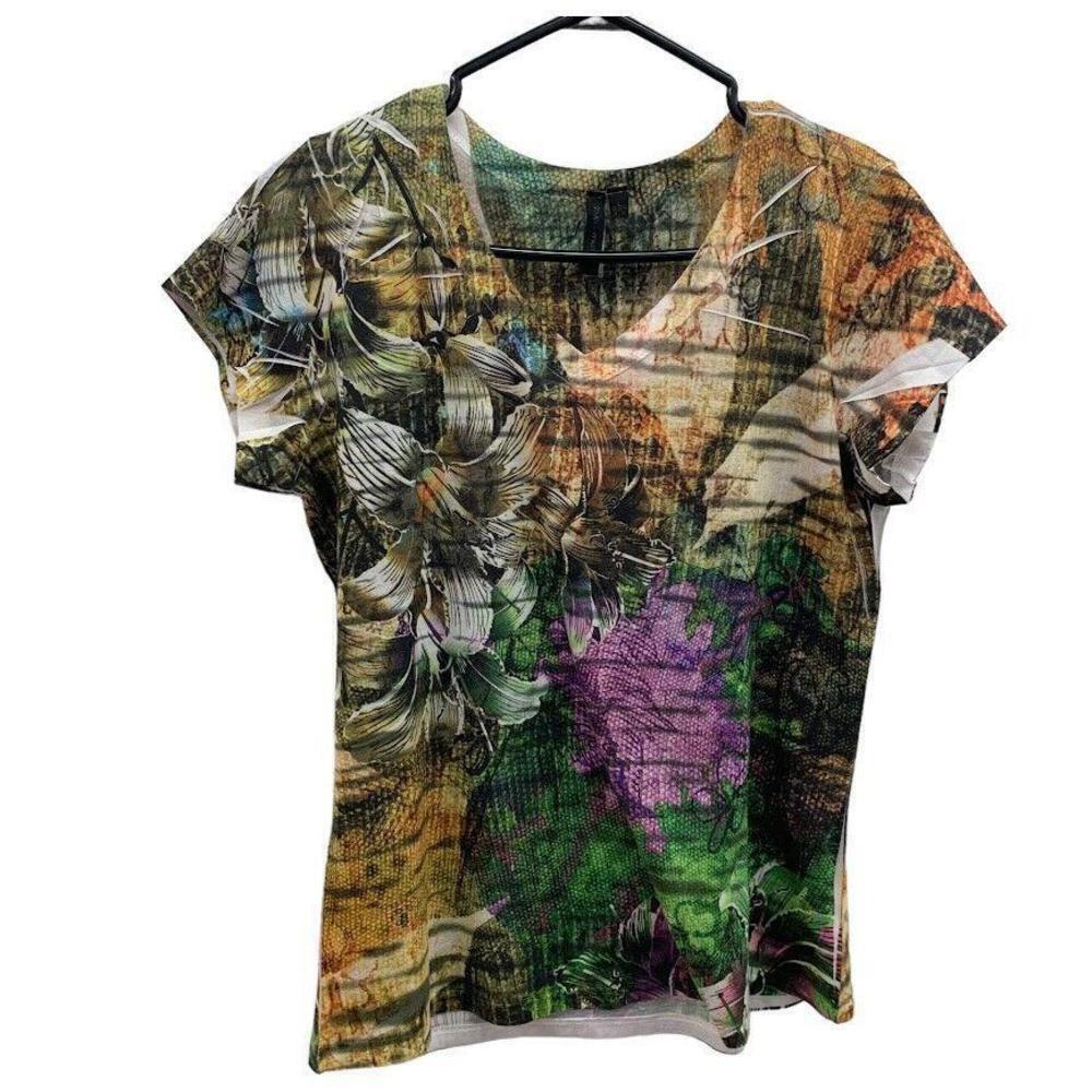 Susan Lawrence Womens Floral Graphic V Neck Short Sleeve Boho Shirt Size Large